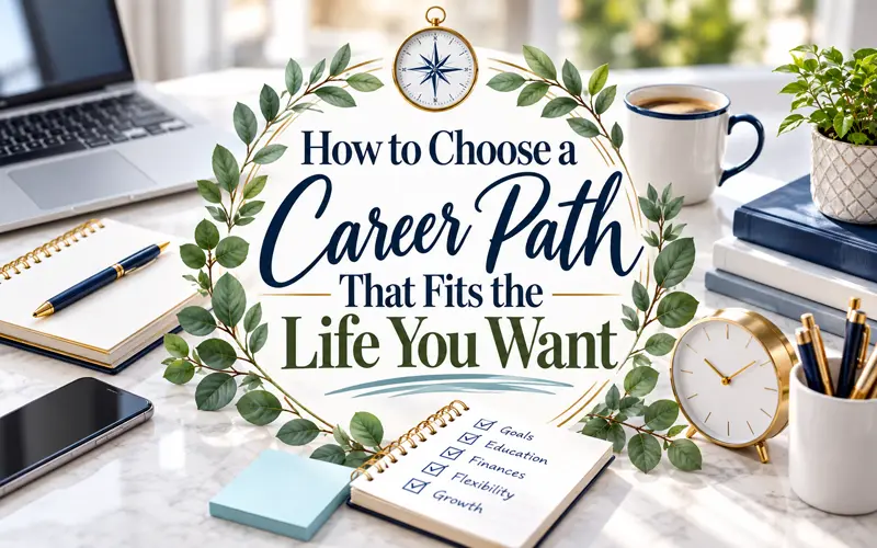 Career planning graphic with the article title centered among greenery and work-related accessories.