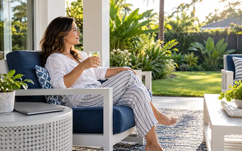 Woman enjoying a relaxing afternoon on her patio after finishing work.