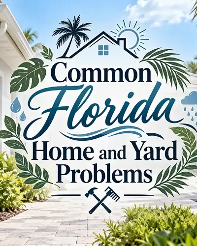 Florida home and yard with a centered graphic for common household maintenance problems