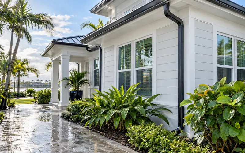 Florida home exterior after rain with gutters, windows, and landscaping visible