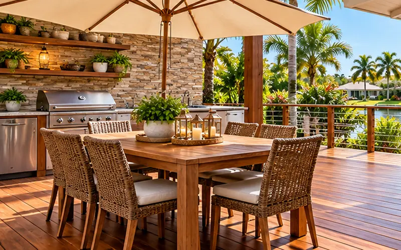 Outdoor deck with dining and lounge zones for Florida living