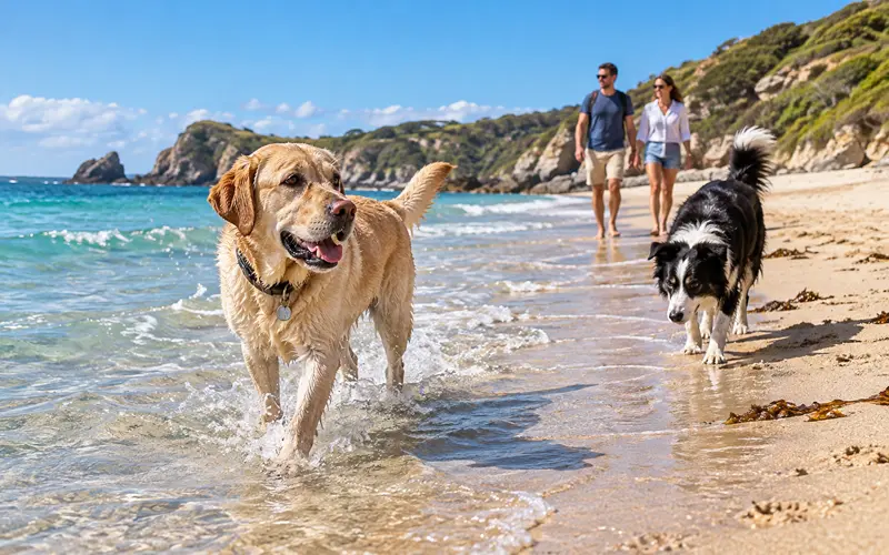 Dogs playing together on a dog-friendly beach near the ocean