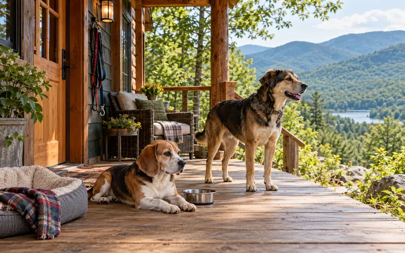 Dogs relaxing outside a mountain cabin during a pet-friendly vacation