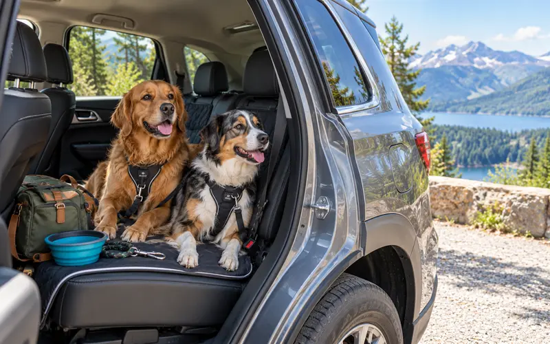 Dogs riding safely in the back seat during a scenic road trip