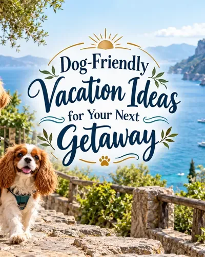 Dogs on vacation in a scenic dog-friendly coastal destination