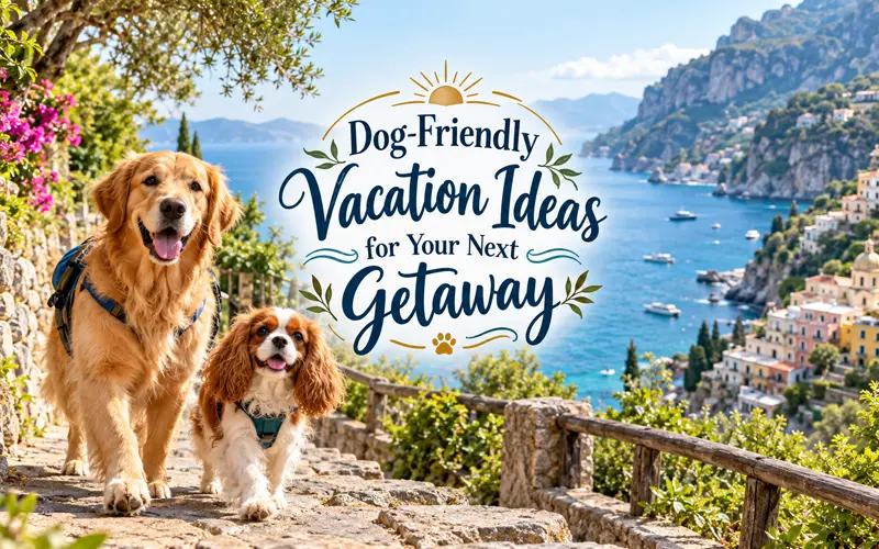 Dogs on vacation in a scenic dog-friendly coastal destination