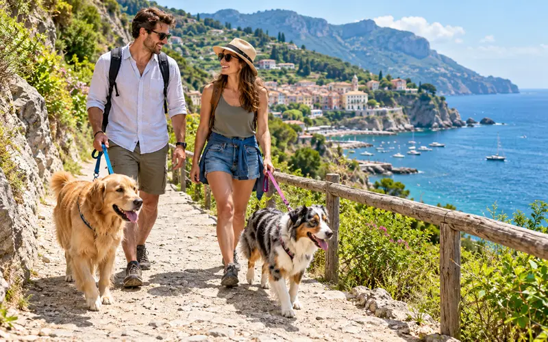 Dogs enjoying a scenic coastal vacation with their owners