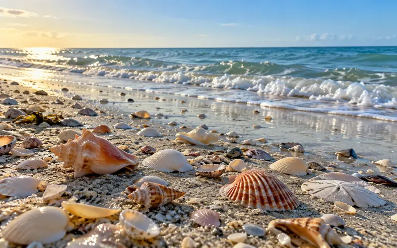 Seashells scattered along a peaceful Sanibel Island beach beside the Gulf