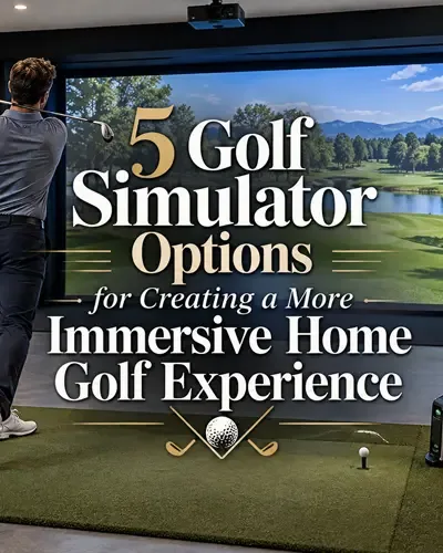Home golf simulator setup with golfer facing a large virtual golf course screen