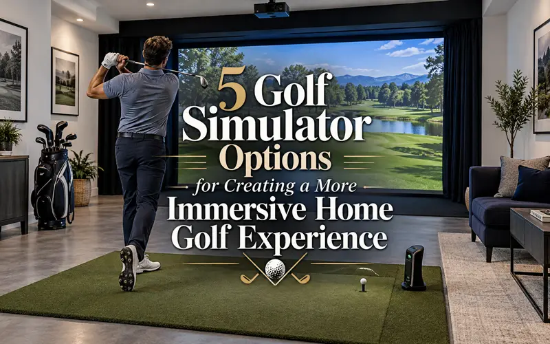 Home golf simulator setup with golfer facing a large virtual golf course screen