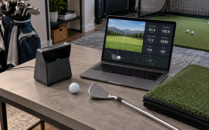 Home golf simulator equipment with launch monitor, golf club, ball, hitting mat, and laptop displaying swing data