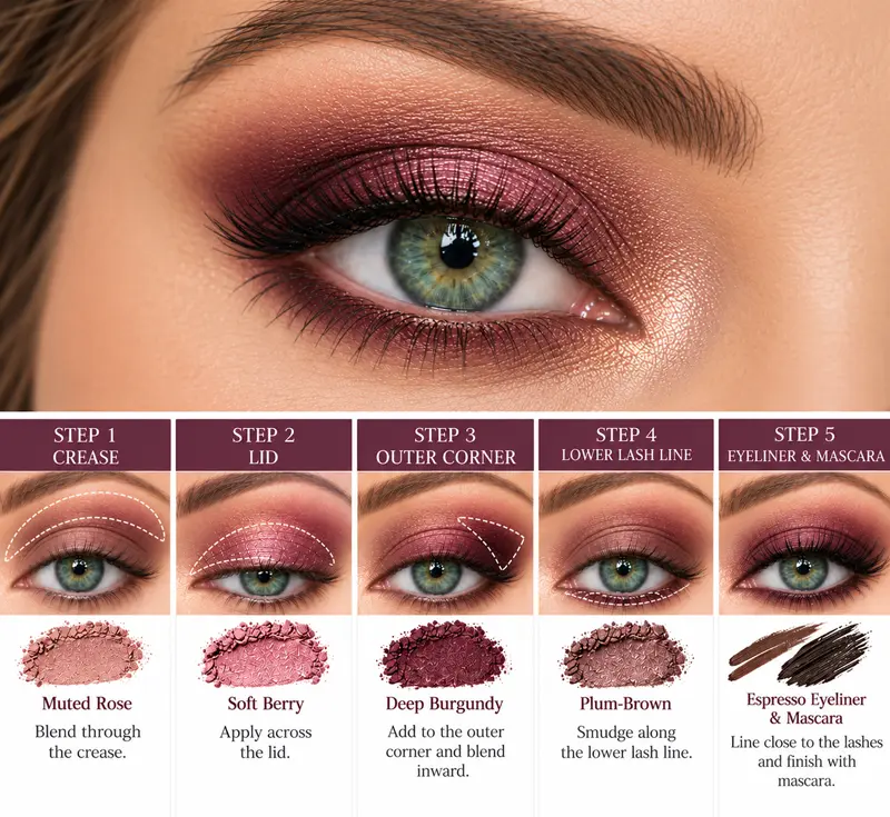 Five-step burgundy and berry eyeshadow tutorial for green eyes, featuring muted rose in the crease, soft berry on the lid, deep burgundy in the outer corner, and espresso eyeliner.