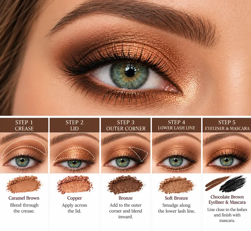 Step-by-step copper and bronze eyeshadow tutorial for green eyes, showing caramel brown in the crease, copper on the lid, bronze definition, and chocolate-brown eyeliner.