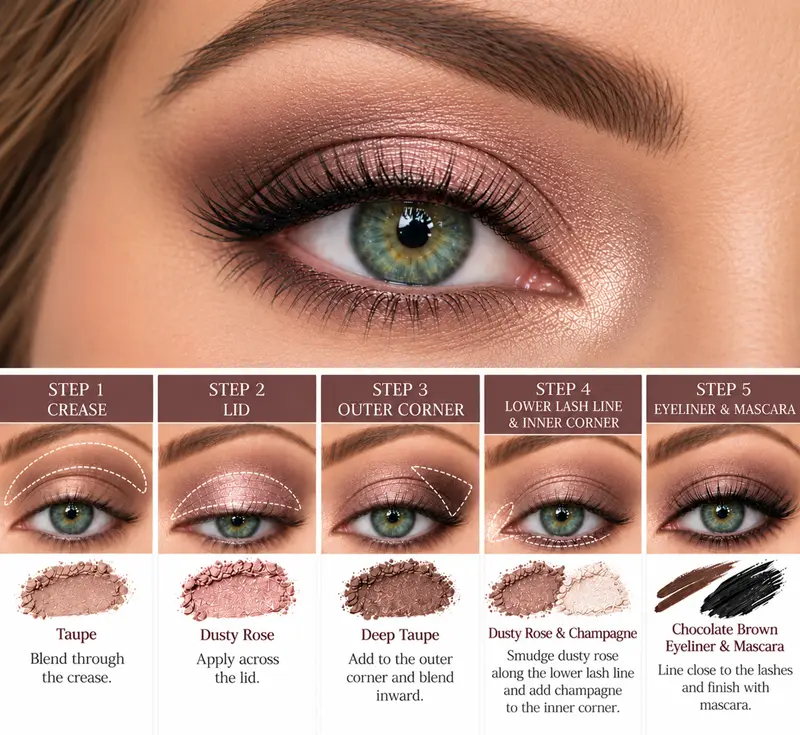 Five-step taupe and dusty rose eyeshadow tutorial for green eyes, showing taupe crease color, dusty rose lids, deeper outer-corner shading, champagne highlights, and brown eyeliner.