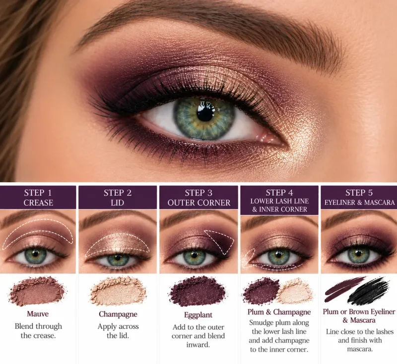 Five-step eggplant and champagne eyeshadow tutorial for green eyes, featuring a mauve crease, champagne shimmer, deep eggplant outer corners, and plum eyeliner.