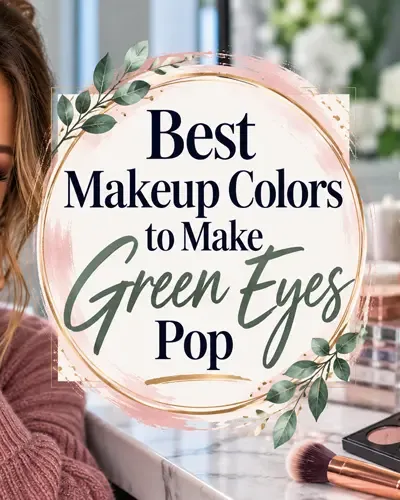 Woman with vibrant green eyes wearing mauve eyeshadow beside a centered decorative title, with an eyeshadow palette and makeup brushes.