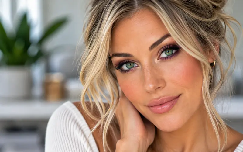 Blonde woman with bright green eyes enhanced by plum and bronze eyeshadow, defined lashes, and soft, natural makeup.