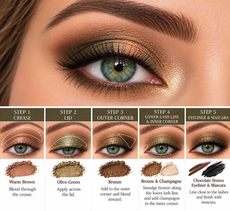 Five-step olive green and bronze eyeshadow tutorial for green eyes, showing warm brown crease shadow, olive green lids, bronze definition, and brown eyeliner.