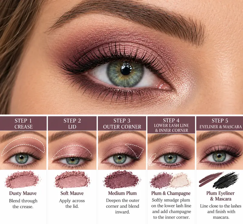 Step-by-step plum and mauve eyeshadow tutorial for green eyes, showing five application steps and the finished makeup look.