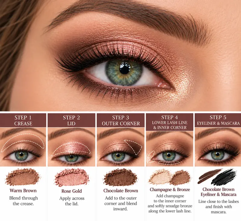 Five-step rose-gold eye makeup tutorial for green eyes, showing warm brown crease shadow, rose-gold lids, chocolate-brown outer corners, champagne highlights, and brown eyeliner.