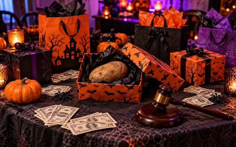 Halloween mystery prize boxes, pretend money, and an auction gavel arranged on a decorated table.