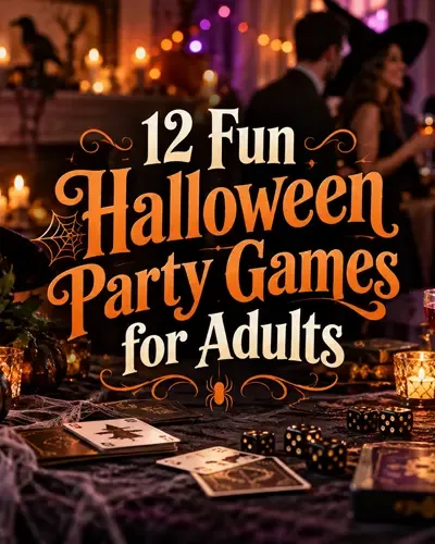 Halloween party decorations with pumpkins, playing cards, dice, and the title 12 Fun Halloween Party Games for Adults.