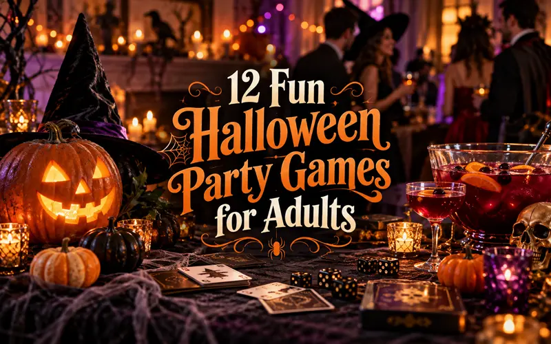 Halloween party decorations with pumpkins, playing cards, dice, and the title 12 Fun Halloween Party Games for Adults.