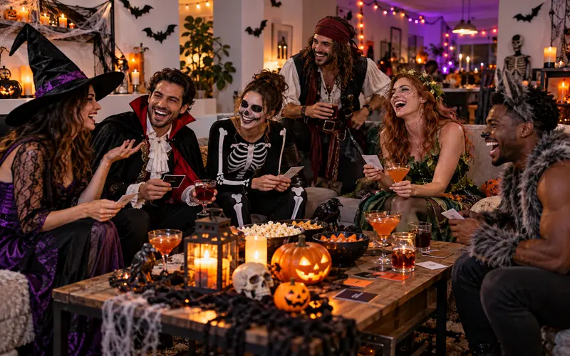Adults in Halloween costumes laughing and playing party games in a decorated living room.