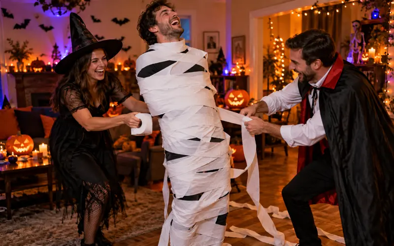 Adults in Halloween costumes laughing while wrapping a friend in toilet paper for a mummy party game.