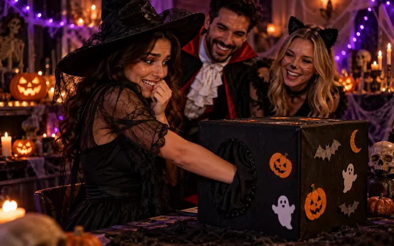 Woman dressed as a witch reaching into a Halloween mystery box while friends watch and laugh.