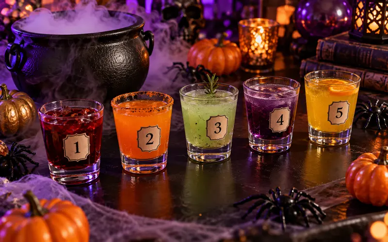 Five colorful numbered Halloween mystery drinks displayed beside a smoking witch's cauldron.