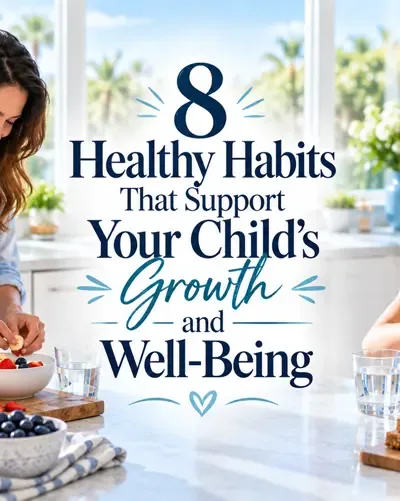 Mother and two children preparing a healthy breakfast together in a bright kitchen, with the title 8 Healthy Habits That Support Your Child's Growth and Well-Being.