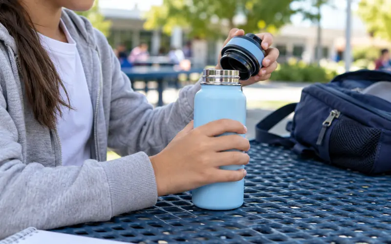 School-age child holding a reusable water bottle beside a backpack during a break outside.