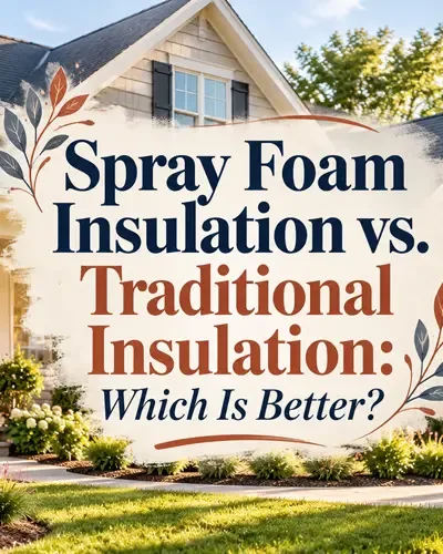 Suburban house with decorative title overlay reading Spray Foam Insulation vs. Traditional Insulation: Which Is Better?