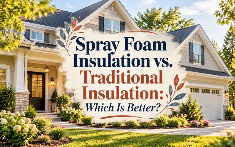Suburban house with decorative title overlay reading Spray Foam Insulation vs. Traditional Insulation: Which Is Better?