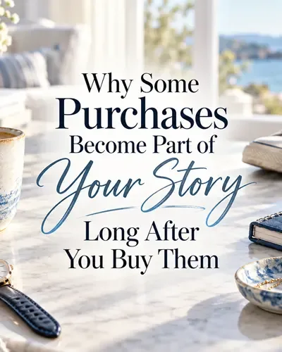 Sentimental personal belongings including a coffee mug, sneakers, watch, jewelry, and photograph surrounding a decorative article title.