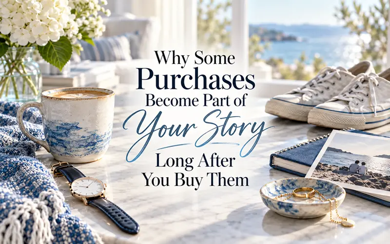 Sentimental personal belongings including a coffee mug, sneakers, watch, jewelry, and photograph surrounding a decorative article title.