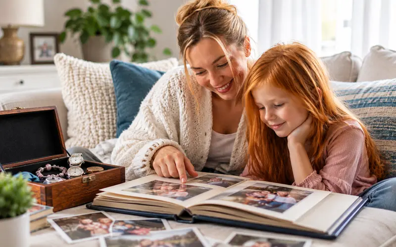 Mother and daughter looking through an old family photo album beside a keepsake box filled with sentimental jewelry and memories.