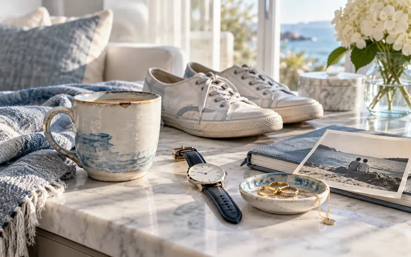 Worn sneakers, a favorite coffee mug, wristwatch, jewelry, and an old photograph arranged together as examples of sentimental possessions.