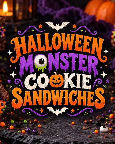 Chocolate monster cookie sandwiches with colorful frosting and candy eyes surrounding a decorative Halloween recipe title.