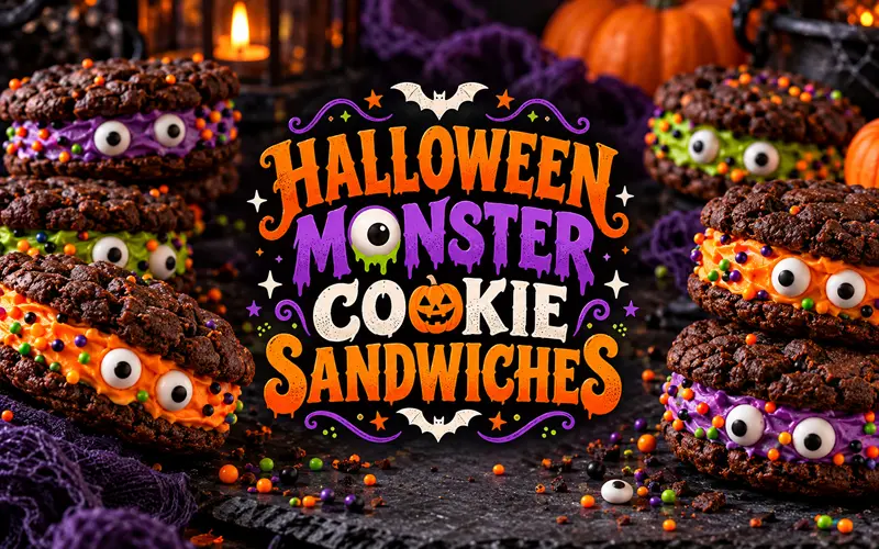 Chocolate monster cookie sandwiches with colorful frosting and candy eyes surrounding a decorative Halloween recipe title.