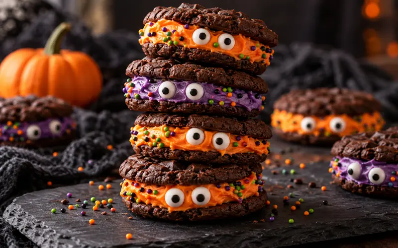 Halloween chocolate cookie sandwiches stacked with purple and orange buttercream, candy eyeballs, and festive sprinkles.