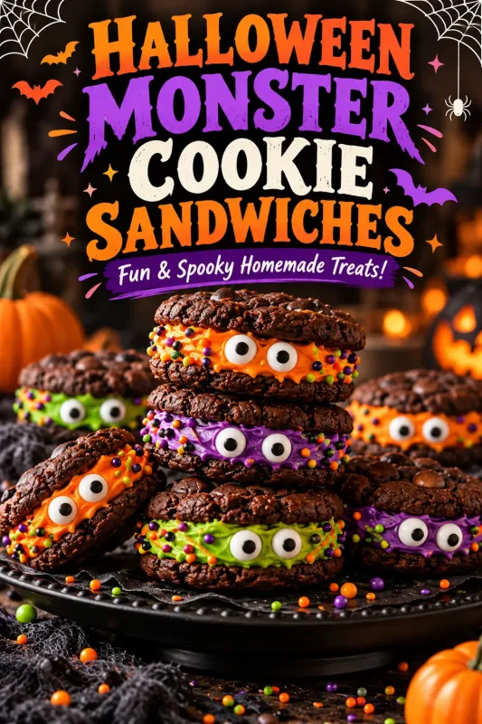Colorful Halloween monster cookie sandwiches with chocolate cookies, orange and purple frosting, candy eyes, and festive sprinkles.