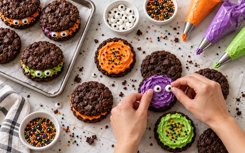 Chocolate cookie sandwiches being decorated with purple buttercream, Halloween sprinkles, and candy eyeballs.
