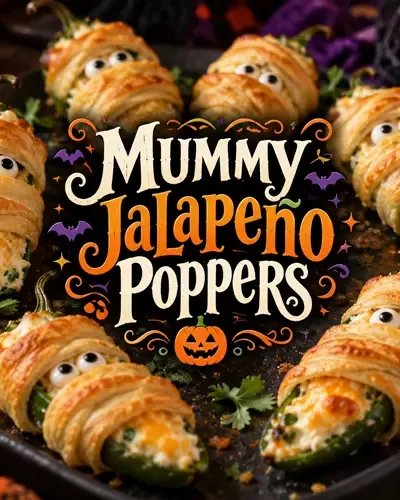 Halloween mummy jalapeño poppers with golden pastry bandages and cheesy centers surrounding a decorative Halloween recipe title.