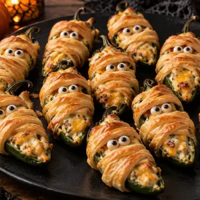 Halloween mummy jalapeño poppers wrapped in golden crescent dough with spooky little eyes on a festive serving platter.