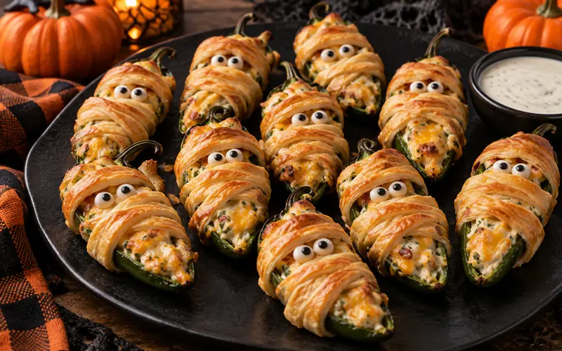 Halloween mummy jalapeño poppers wrapped in golden crescent dough with spooky little eyes on a festive serving platter.