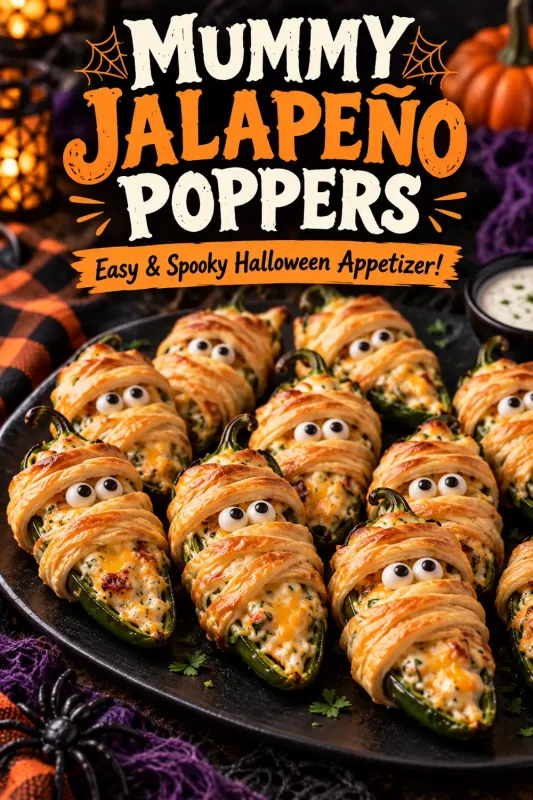 cheesy mummy jalapeño poppers with golden crescent dough bandages, little eyes, and festive Halloween decorations.