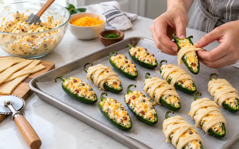 Jalapeño pepper halves filled with cream cheese mixture and partially wrapped in crescent dough strips before baking.