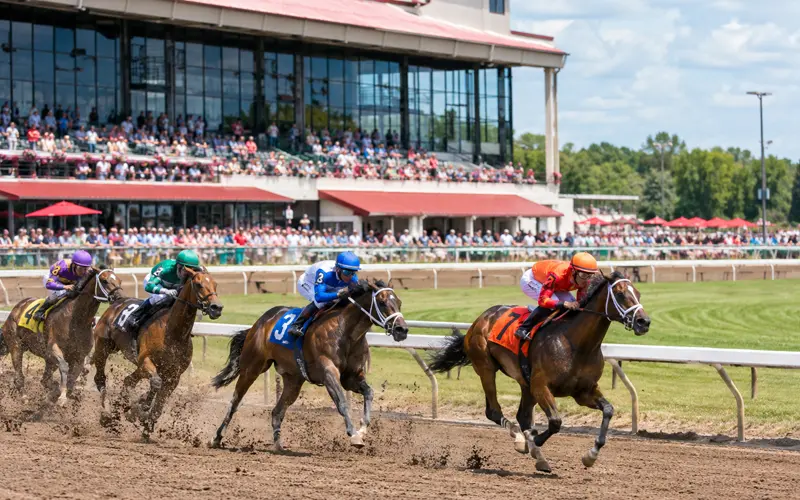 Thoroughbred racehorses and jockeys competing on the dirt track at Canterbury Park in Shakopee, Minnesota, with spectators watching from the grandstand.